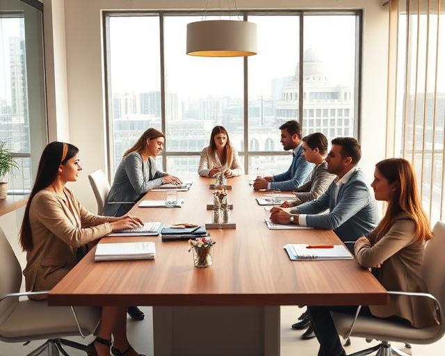Equipo profesional colaborando en reunión de trabajo